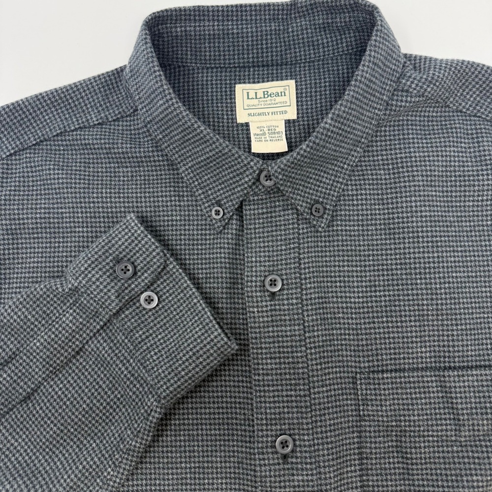 LL Bean Mens XL Slightly Fitted Grey Houndstooth Cotton Flannel Shirt 508103